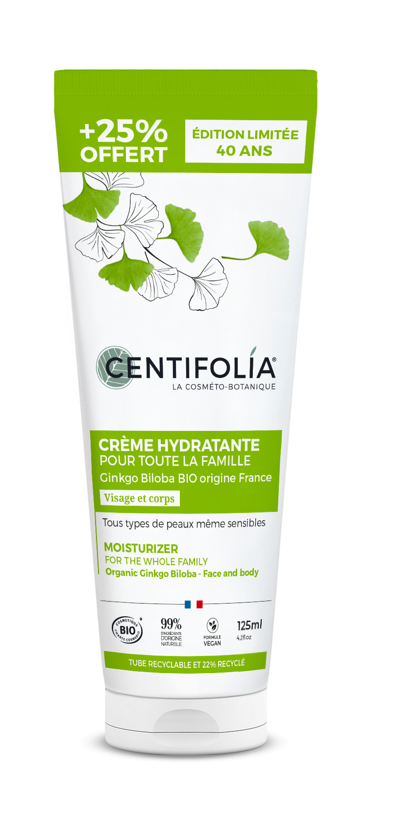 Crème hydratante pour toute La Famille BIO - Edition Limitee 40 Ans Tube 125 ml - CENTIFOLIA