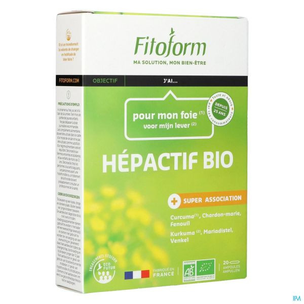 Hepactif BIO AB ecocert - fenouil, curcuma, artichaut et chardon-marie - 20 ampoules x 10 ml - FITOFORM