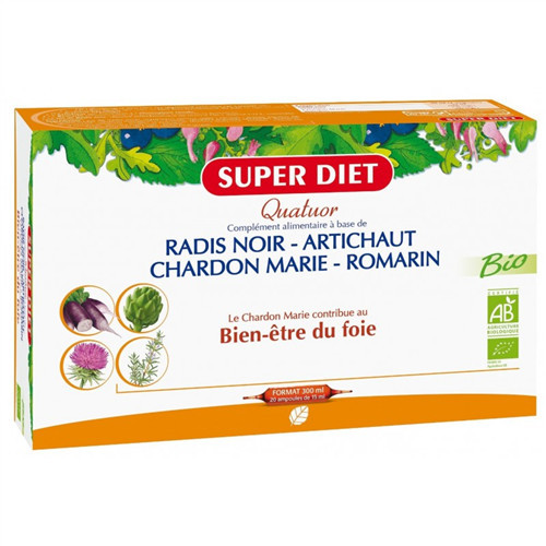 Quatuor Digestion BIO - Radis noir, Artichaut, Chardon marie, Romarin - 20 ampoules x 15 ml - SUPERDIET