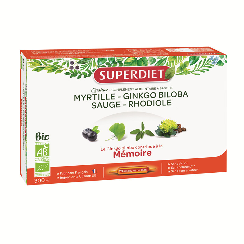 Quatuor Mémoire BIO - Rhodiola, Myrtille, Sauge, Ginkgo biloba - 20 ampoules x 15 ml - SUPERDIET