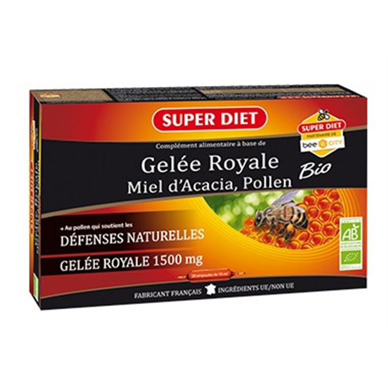Gelée royale Miel Acacia Pollen BIO - 20 ampoules x 15 ml - SUPERDIET